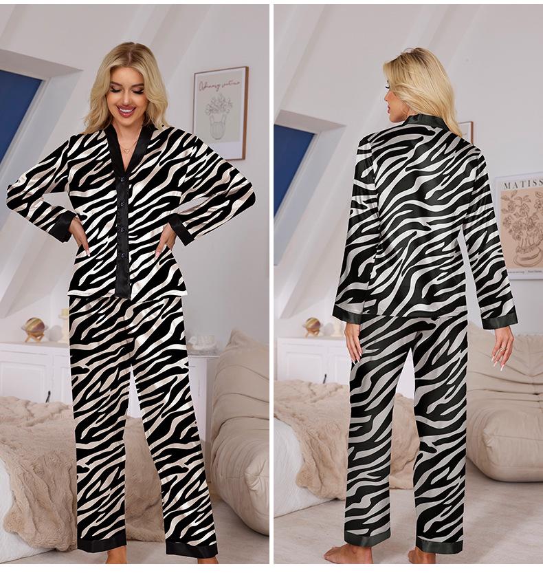 Damen Pyjama-Set mit Leoparden- und Zebra-Print - Langärmliges Oberteil und Hose, Perfekt für Frühling und Herbst (TZ21941)