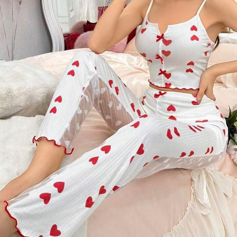 Set de pijama european și american cu imprimeu plasă: Pijama de casă din două piese pentru femei