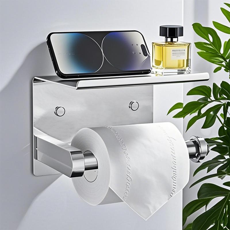 Stainless Steel No-Drill Bathroom Toilet Paper Holder with Phone Shelf - Wall-Mounted Space-Saving Design for Home WC & Restroom