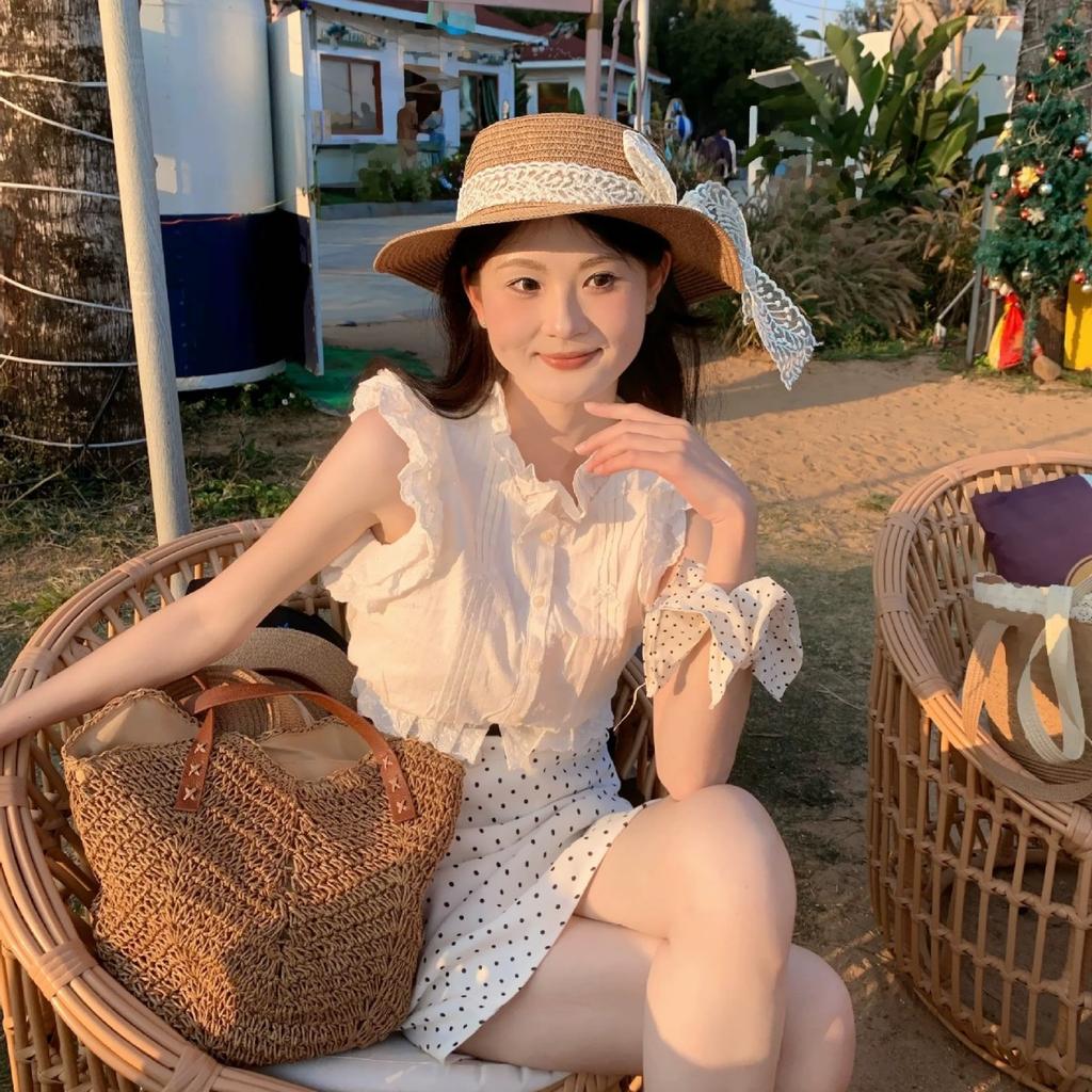 Small Fresh Pastoral Style Fashionable Versatile Flat-top Lace Sun Hat Women's Straw Weaving Travel Sun Hat Sun Protection Big Eaves