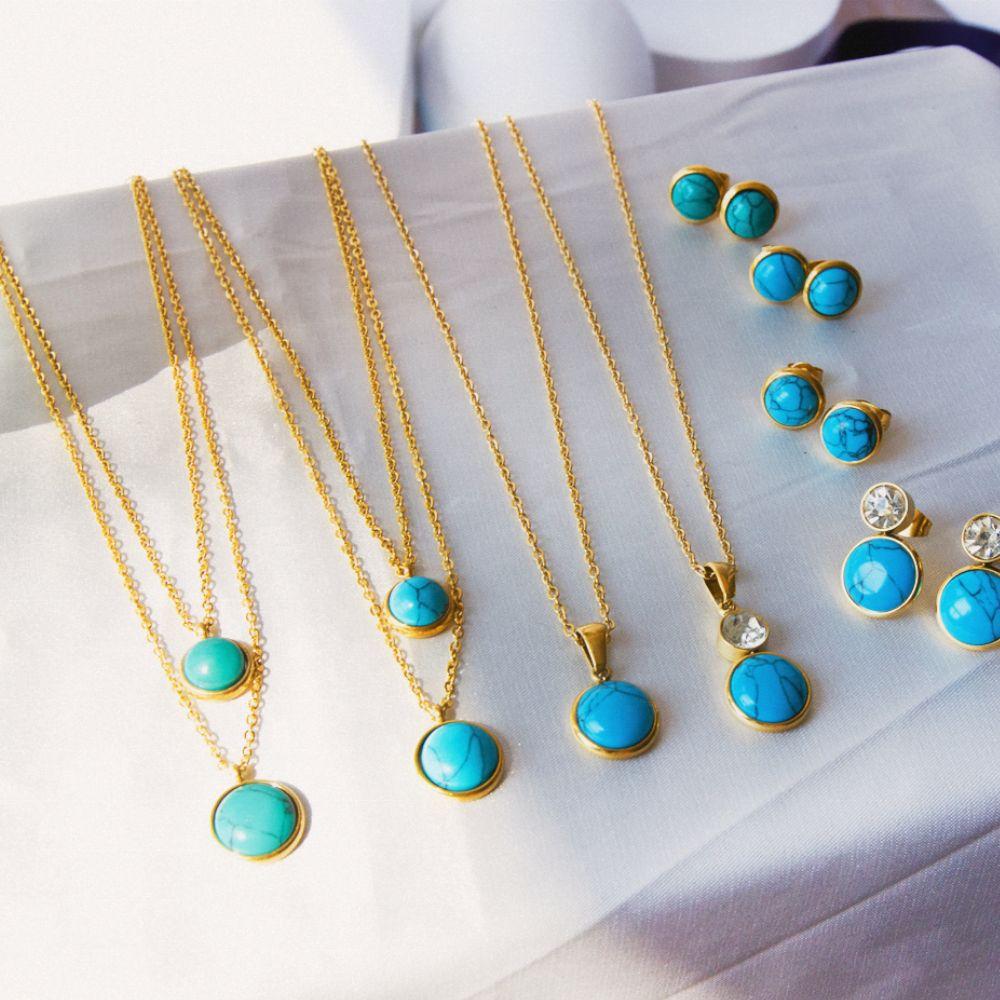 Songhua stone jewelry set female retro love shape round stud earrings necklace stainless steel jewelry set
