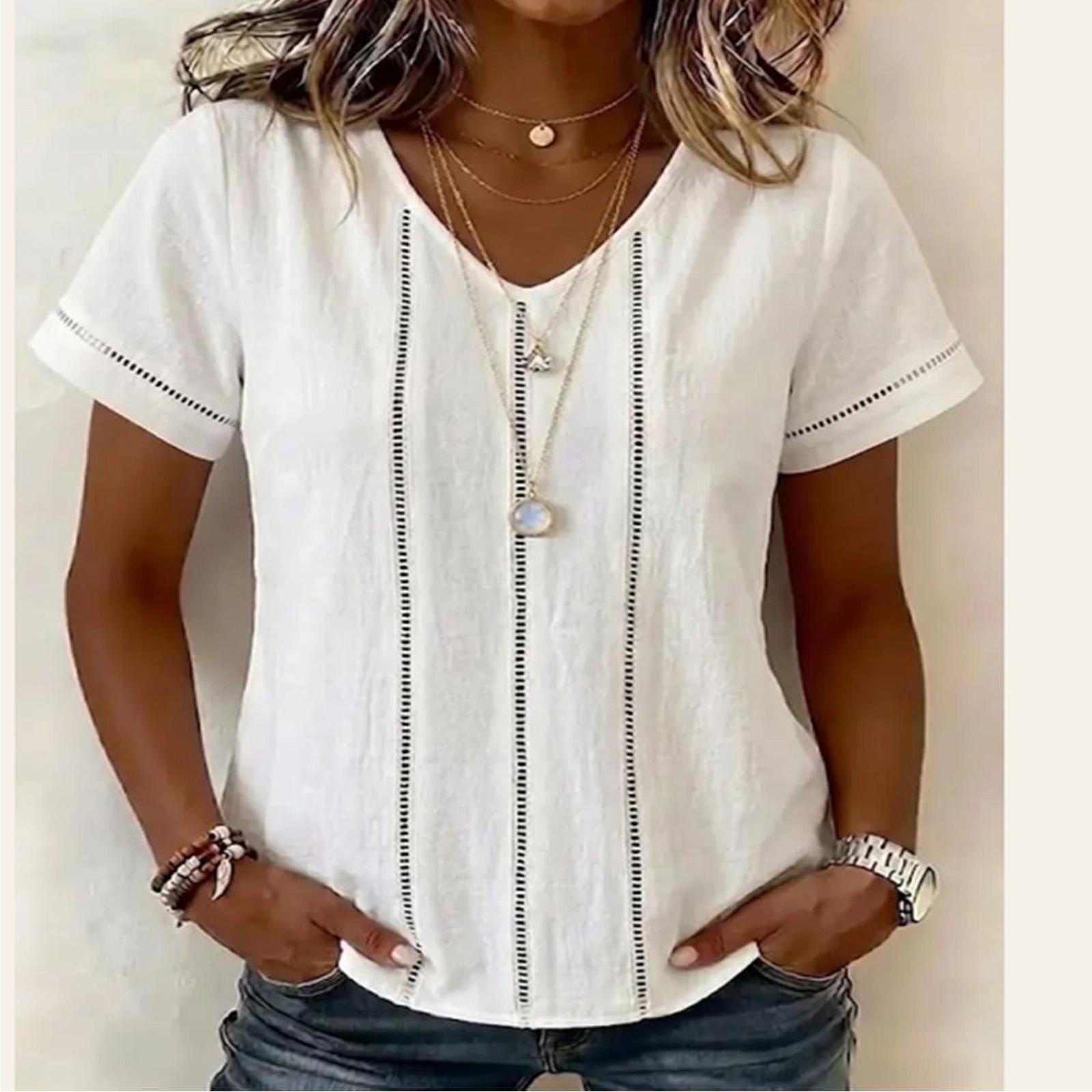 Women V Neck Short Sleeve Blouse Lace Trim Patchwork Cotton Linen Shirt Casual Summer Top Lightweight Breathable Fabric S белый