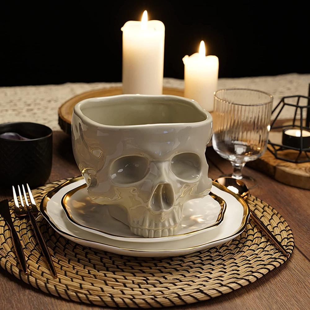 Porcelain Retro Gothic Skull Pasta Bowl, Halloween Tableware, Home Bar Food,Noodle,Salad ,Candy Ceramic Bowl Tabletop Decoration