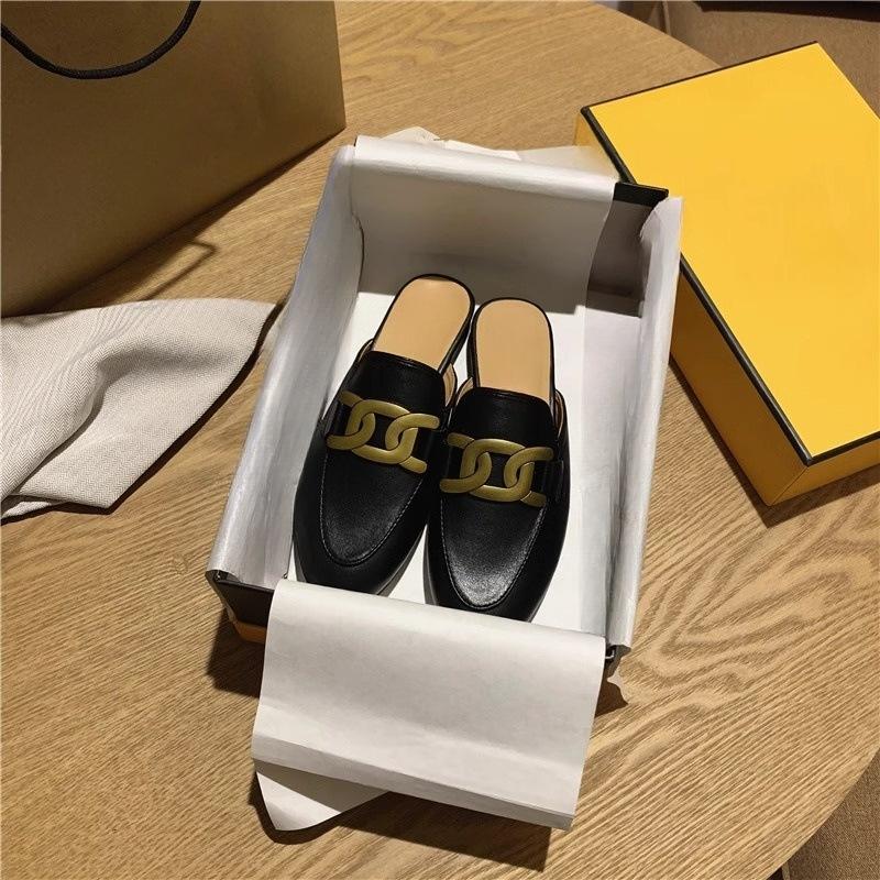 Flat-bottomed Bag Head Shoes Fashionable Round Head Metal Horse Buckle Casual Versatile Lazy Half Slippers Women