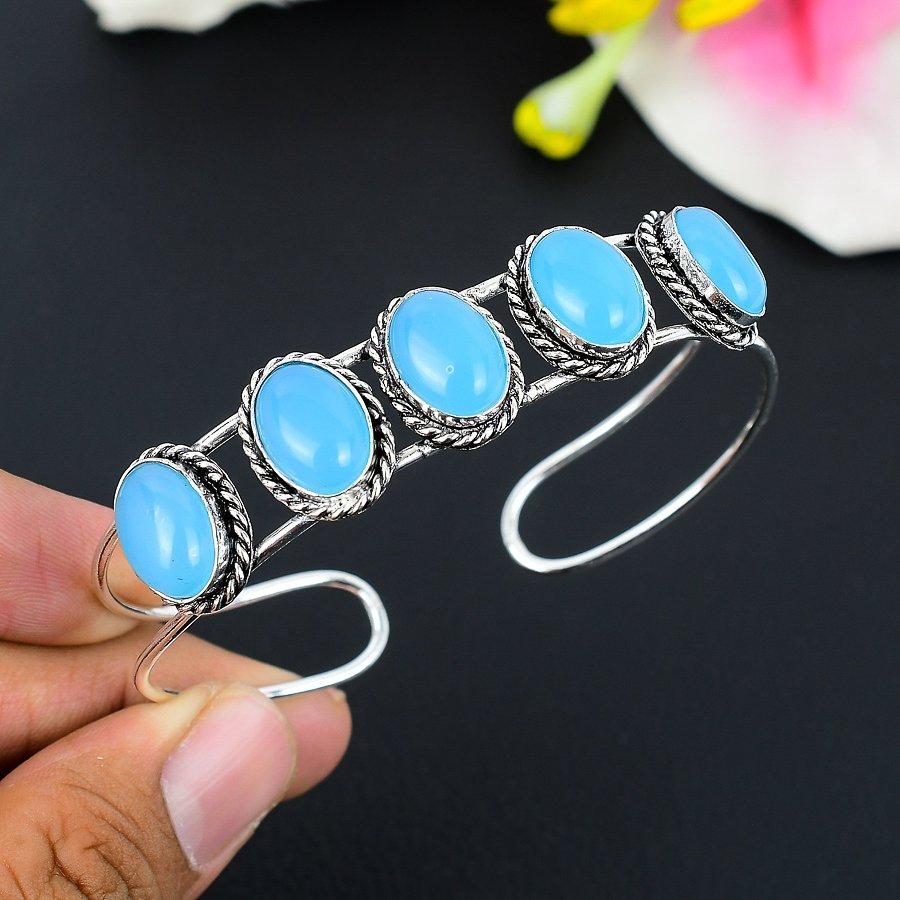 

Aqua Chalcedony Gemstone 925 Sterling Silver Cuff Bangle Adjustable KG-254