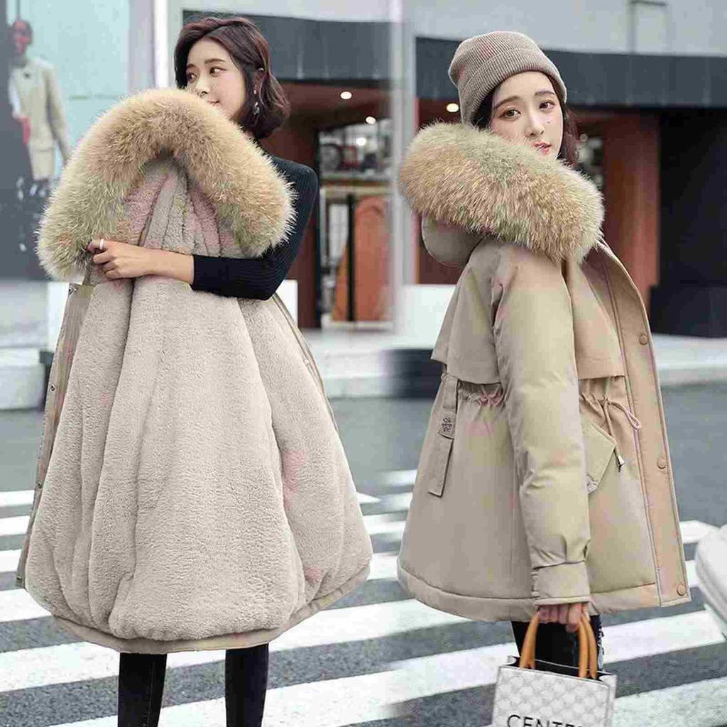 2025 Winter Women's Mid-Length Fur Collar Cotton Coat with Velvet Padding