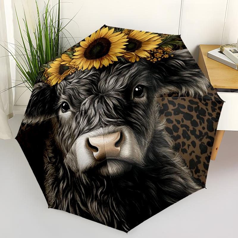 Retro Highland Cow Folding Umbrella Fashion Auto-Open Design 8 Iron Ribs Plastic Handle Foldable Sunshade Perfect Christmas Gift