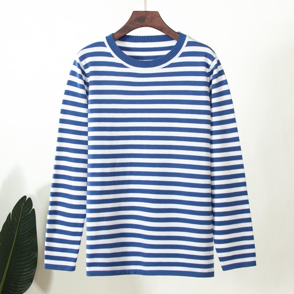 Women Striped Sweater Fashion Versatile Round Neck Long Sleeve Casual Knitted Pullover Tops