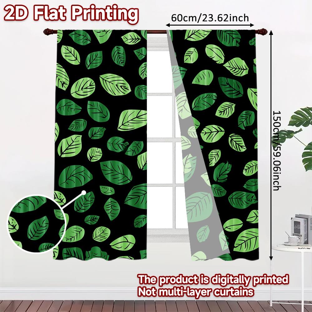 Flat Printing Curtains Without Rod Green Leaf Design Dark Background Valentine Is Day Holiday Digital Set Of 2 Made Polyester