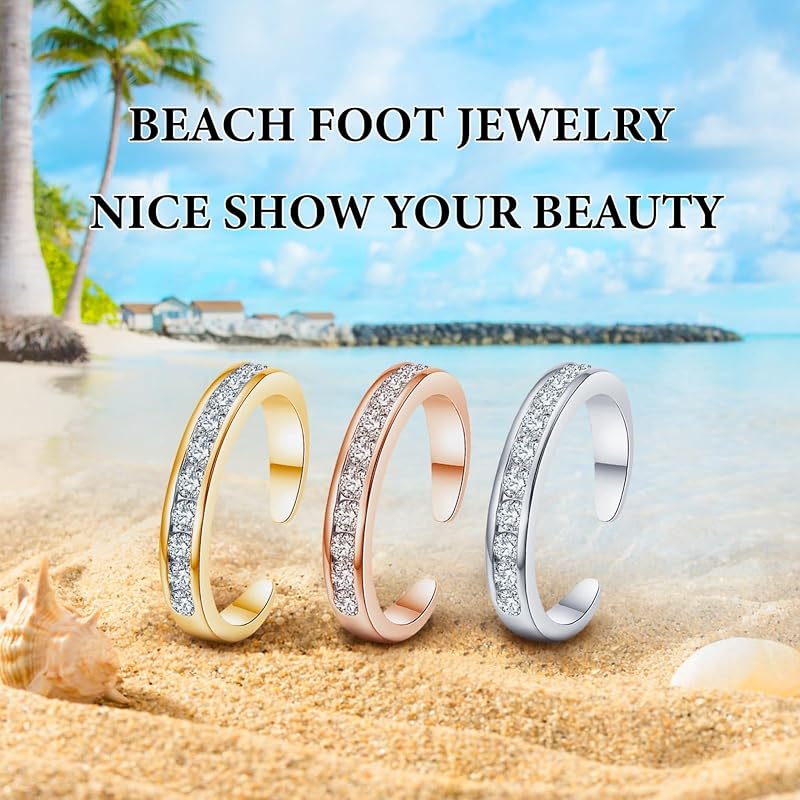 [LucBuy] 3-Piece Women's Toe Ring Set, Adjustable Cubic Zirconia Toe Ring Set, Silver/Rose Gold/Gold Rings, Summer Beach Foot Jewelry, Hypoallergenic