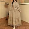 ZANZEA Women Casual Turn Down Collar Long Sleeve Elegant Lace Splice Long Dress