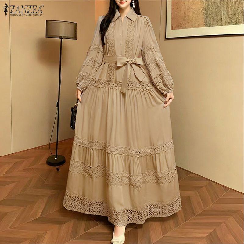 ZANZEA Women Casual Turn Down Collar Long Sleeve Elegant Lace Splice Long Dress
