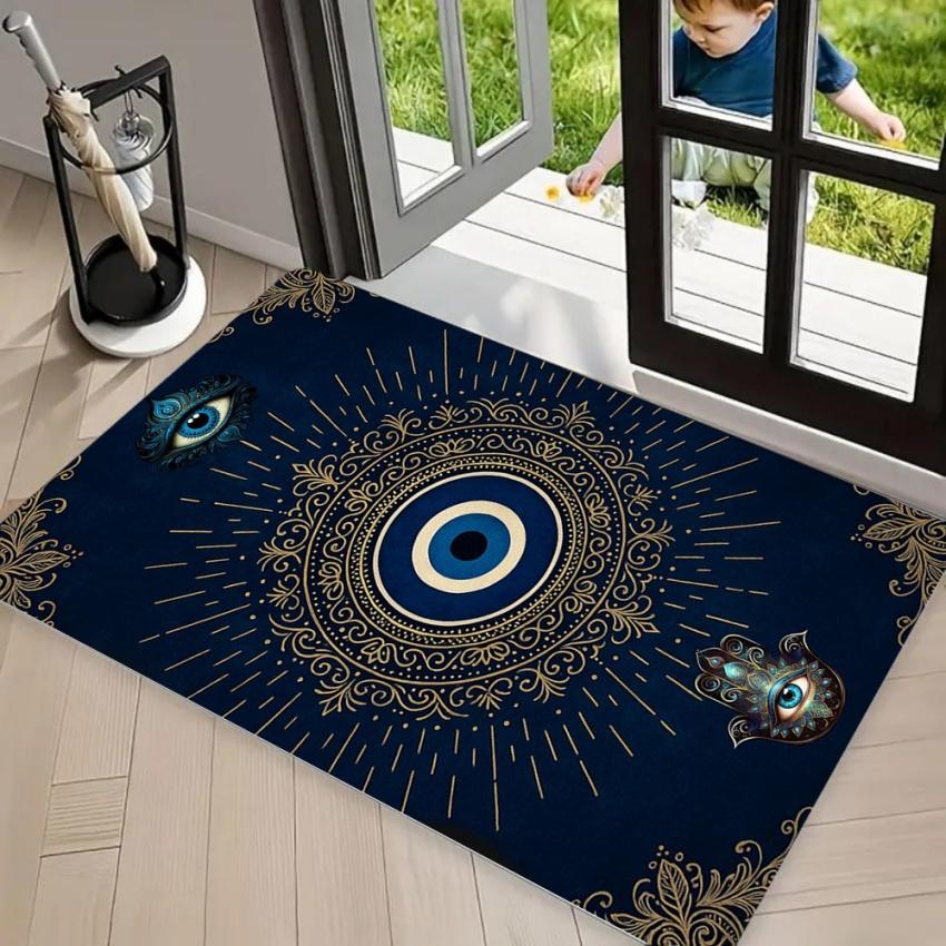 Evil Eye Hamsa Hand Area Rug Carpet Non Slip Floor Mat Dark Navy Base Washable Welcome Rug for Front Door Entryway Boho Ethnic
