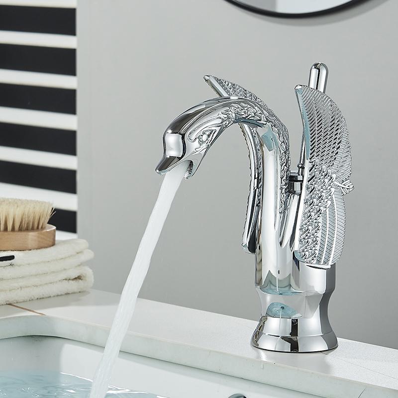 Golden Basin Faucet Deck Mount Sink Short Faucets Swan Shape Single Handle Sink Hot Cold Water Mixer Tap