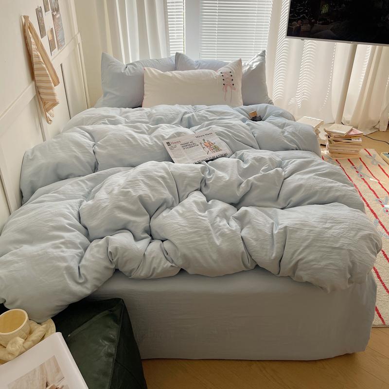 Solid INS Style Bedding Set For Adults Kids Pink Cotton Fitted Flat Sheet With Pillowcases Colorful King Queen Full Size