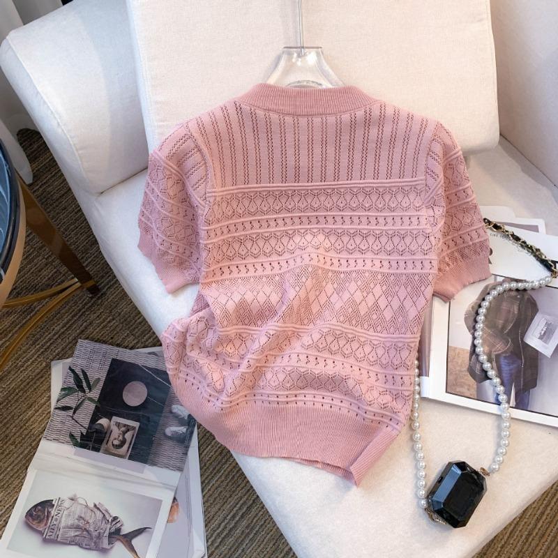 Summer Hollow Out Short Sleeve Knitted Casual T Shirts Women Temperament Chic O Neck Loose Women's T-shirt Tops Elegant Slim Fit Solid Lady Tee 26517