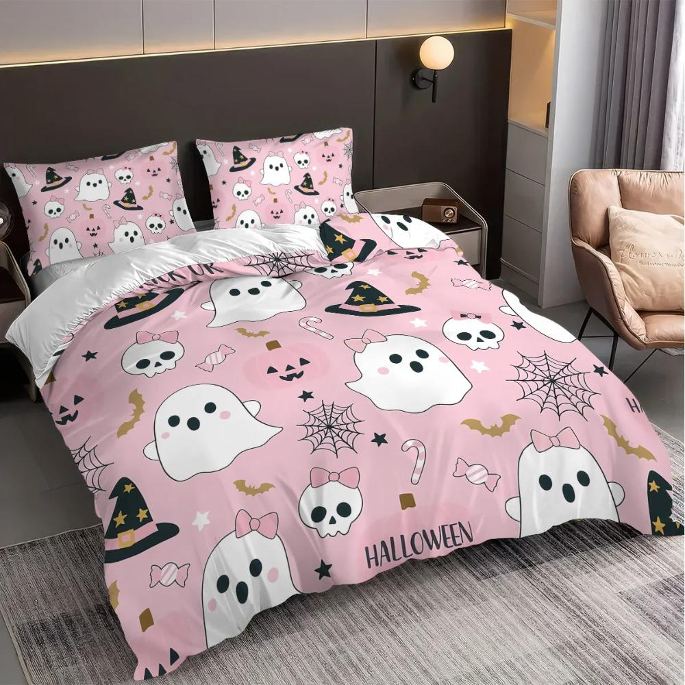 3pcs Halloween Themed Cartoon Ghost Spooky Pattern Bedding Set Halloween Home Decoration