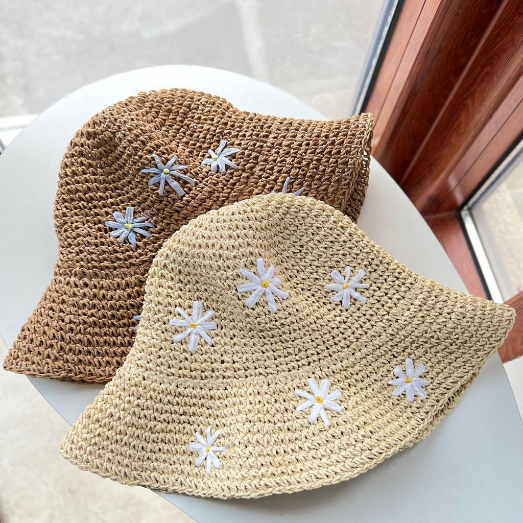 Summer Crochet Straw Hat For Women Sweet Flower Embroidered Bucket Foldable UV Protection Beach Panama Sunshade Caps