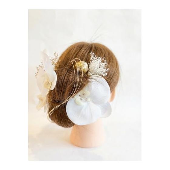 Orchid Hair Ornaments for Coming-of-Age Ceremonies, Weddings, Kimonos, and Formal Occasions - Exquisite Tsumami-zaiku Design with White Orchids,