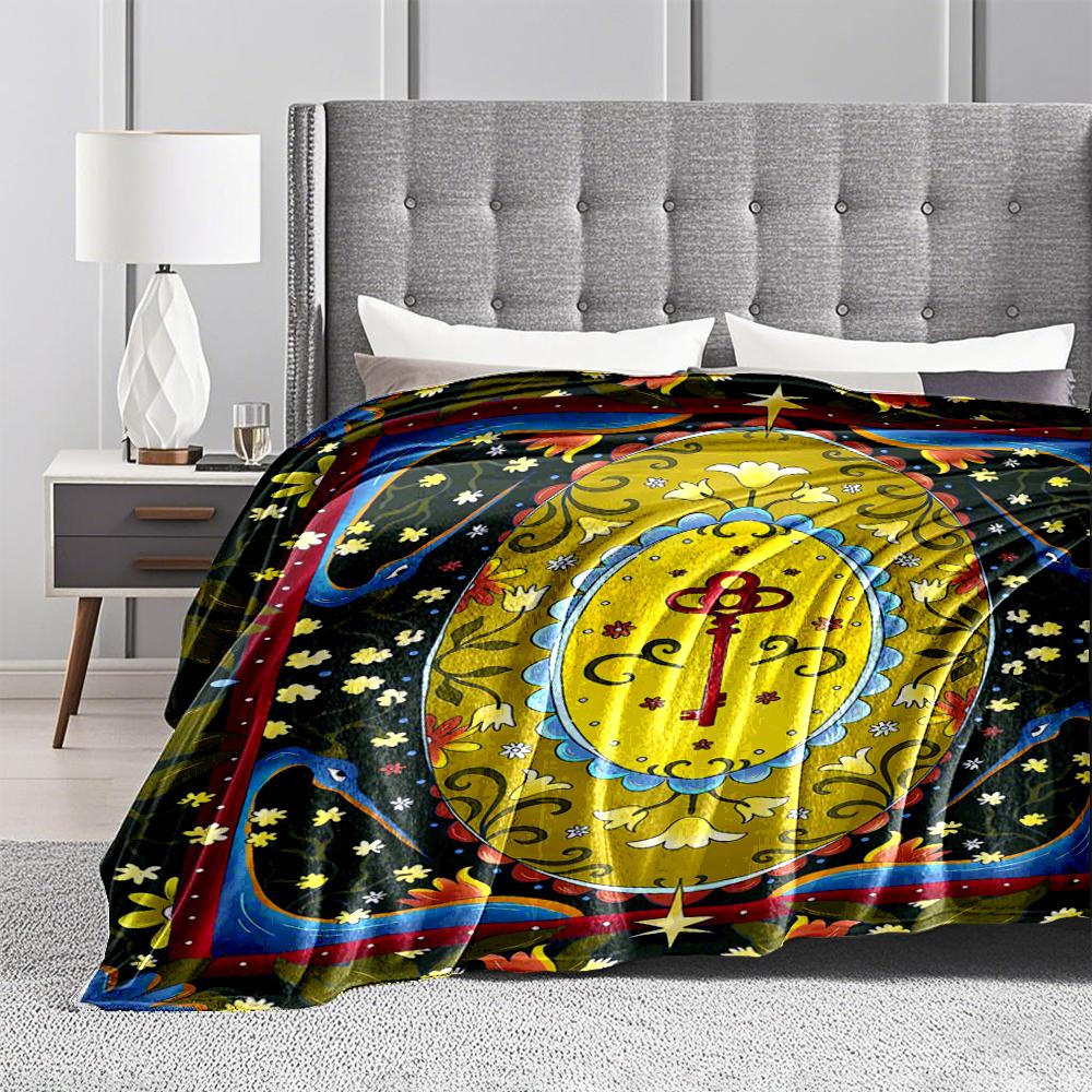 Vintage Style Blanket with Key Symbol, Floral Patterns, and Colorful Design Blanket, Suitable for Use In the Bedroom, Living Room, On the Sofa