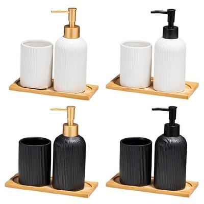 3-teiliges Badezimmer-Accessoires-Organisationsset mit Keramik-Handseifenspender, Holzschale und Zahnbürstenhalterbecher