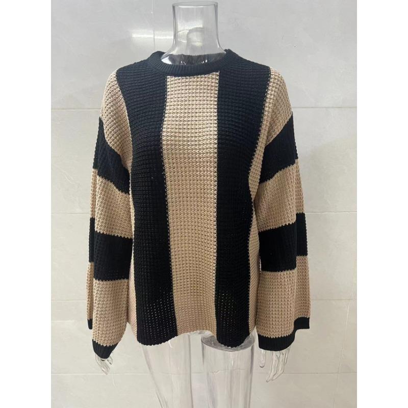 Damski Sweter Dzianinowy Casualowy w Paski Patchworkowy Okrągły Dekolt Rozszerzane Długie Rękawy Luźny Modny Dzianinowy Top Casualowy Wszechstronny Miękki Stylowy Sweter Dzianinowy Płaszcz