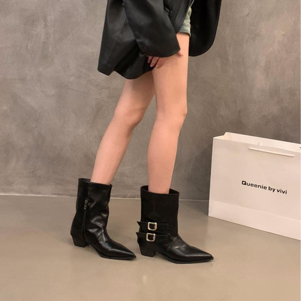 Pointed High-heeled Brown Small Short Boots Women's Shoes 2025 New Spring and Autumn Single Boots Retro Belt Buckle Medium Tube Pants Tube Boots