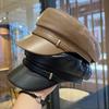 Japanese PU Leather Octagonal Hat Female British Retro Leather Beret Versatile Flat Top Newsboy Hat