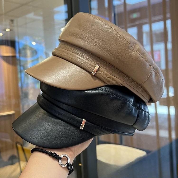 Japanese PU Leather Octagonal Hat Female British Retro Leather Beret Versatile Flat Top Newsboy Hat