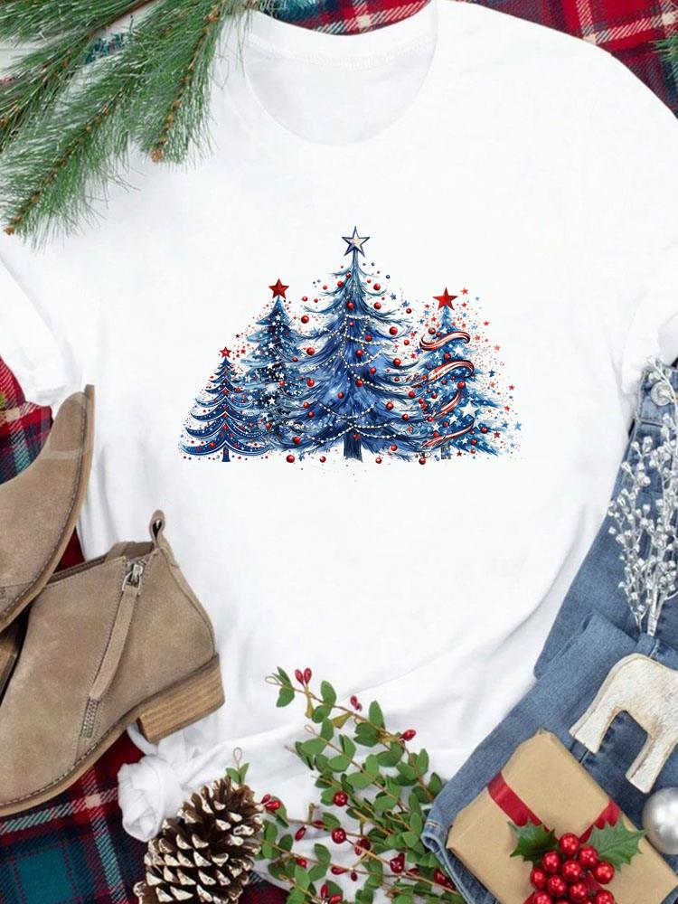 (Asian Size) Tee New Year Holiday tree cute 90s Merry Christmas Top festival Casual Women Print Lady Short Sleeve Fashion Graphic T-shirts