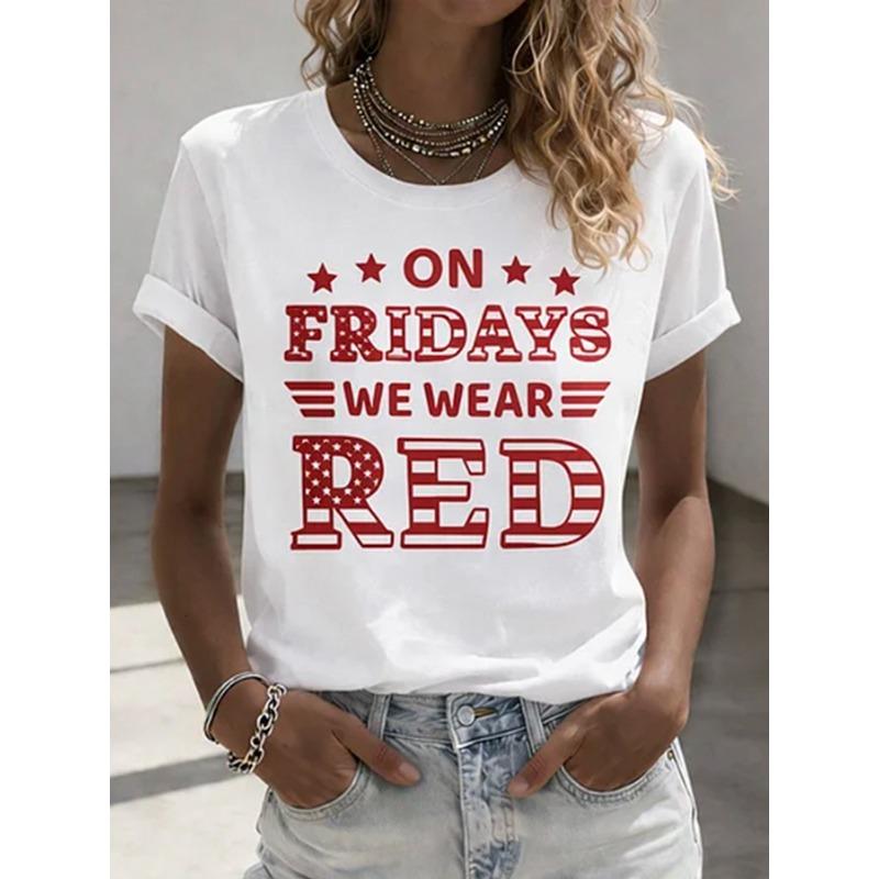New Arrival Womens Red Friday Print TShirts Summer Short Sleeve Tops Casual Round Neck Tees