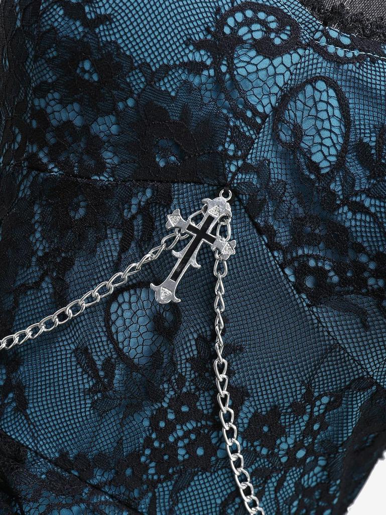 Rosegal Gotické Květinové Krajkové Překrytí Křížový Řetízek Volánky Vrstvené A-Liniové Tankové Šaty