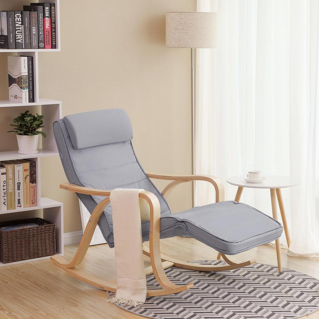 SONGMICS LYY41G Rocking Recliner Chair 5-Way Adjustable Calf Support Load 150 Kg Grey, Wood, Hellgrau, 67 X 125 X 91 Cm