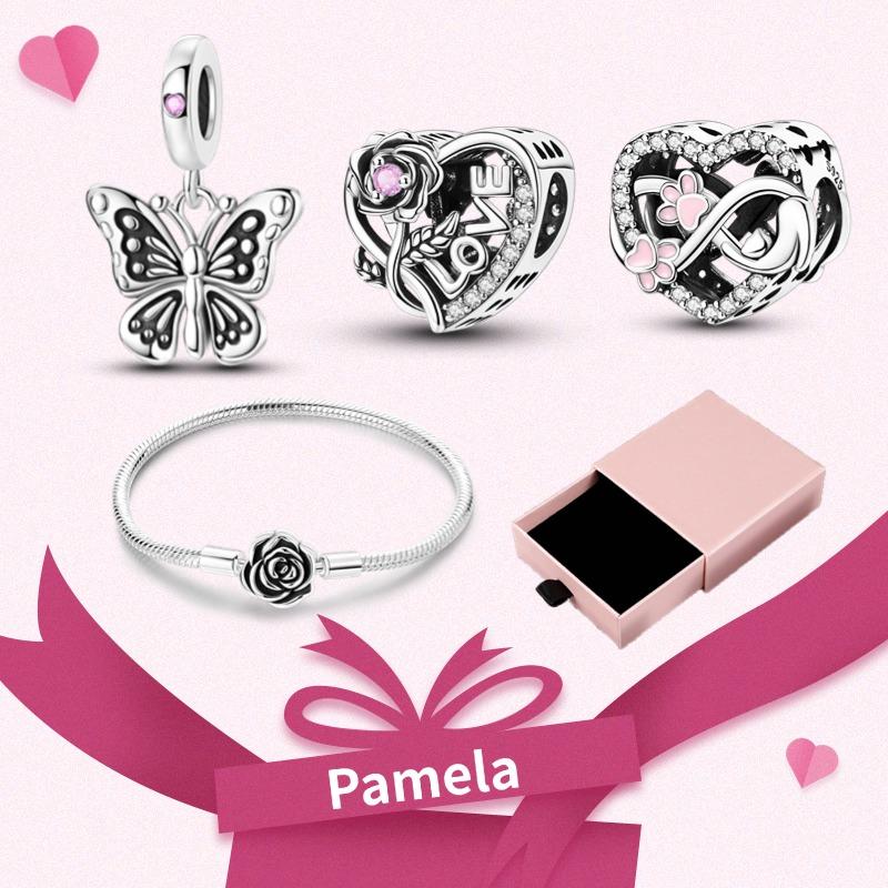 Pink Heart Charm Set 925 Original Silver Charms Bracelet With Gift Box For Women Wedding Anniversary Jewelry Gift 4pcs/lot
