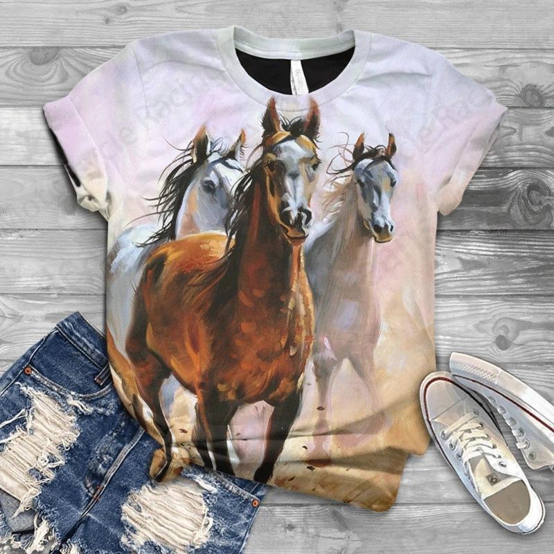 Women T-shirt 3d Horse Print Tshirt Women Fashion Crew Neck Short Sleeve T-shirt Animal Graphic T Shirt Ladies Tops Tees