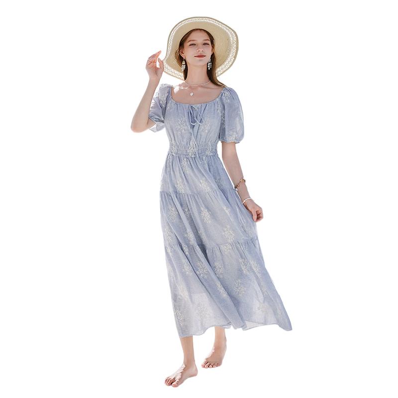 Xiangying Women s Blue Striped Embroidered French Resort Cotton Long Dress S