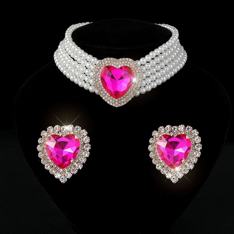 Exaggerated Multi-layer Imitation Pearl Peach Heart Crystal Necklace Earrings Set Bridal Love Rhinestone Neck Chain Women