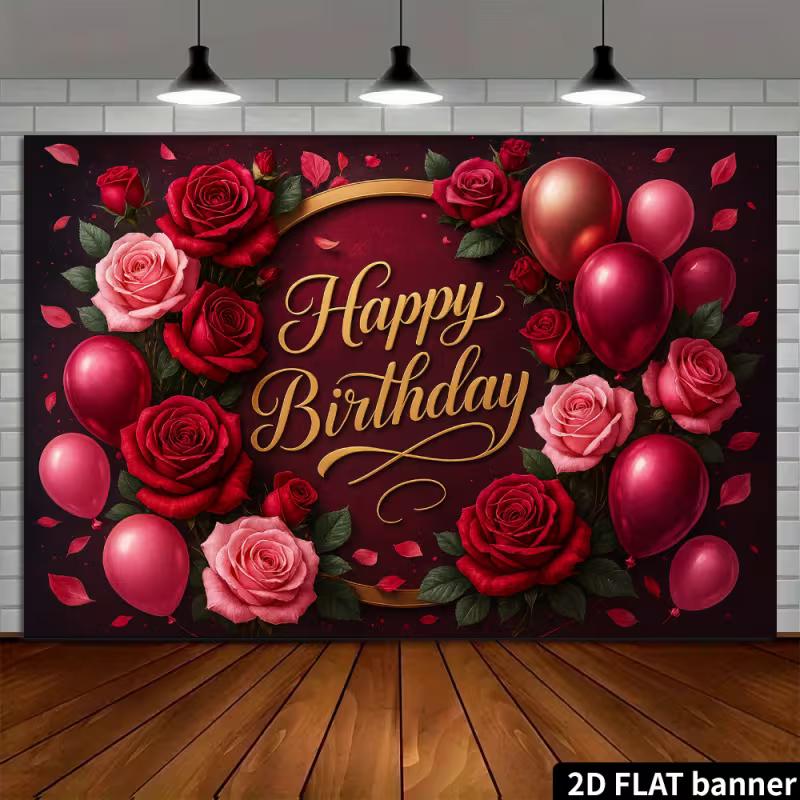 2D Rote Rose Geburtstag Hintergrund mit Weinroten Rosen & Rosa Luftballons