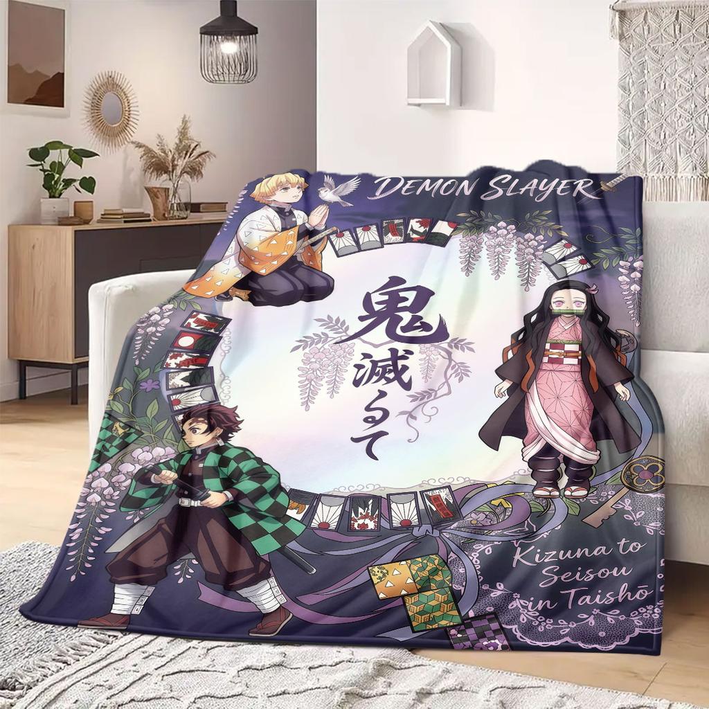 Demon Slayer Deluxe 2D Cartoon Flannel Blanket, Printed Art for Sofa, Soft Bedding for Travel Picnic Rug_LIAN