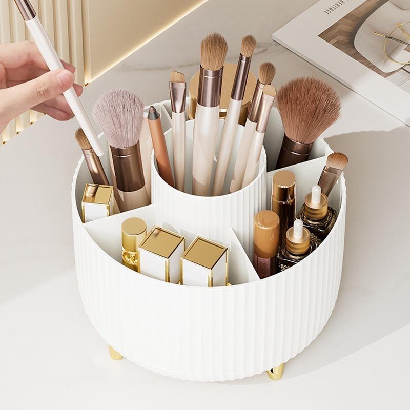 360° Rotating Makeup Organizer Cosmetic Storage with 5 Compartments Multi-Functional Holder for Brushes Stationery Unscented with Luxury Stripe Design