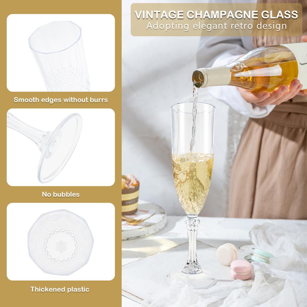 12pcs Champagne Glasses Flutes 207ml Plastic Champagne Flute Wine Goblet Unbreakable Flat Bottom Goblet for Party Picnic Wedding