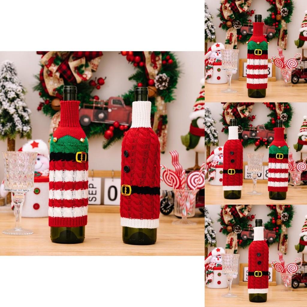 Cozy Knit Red Wine Bottle Sleeve With Striped Elf Design For Christmas Celebration