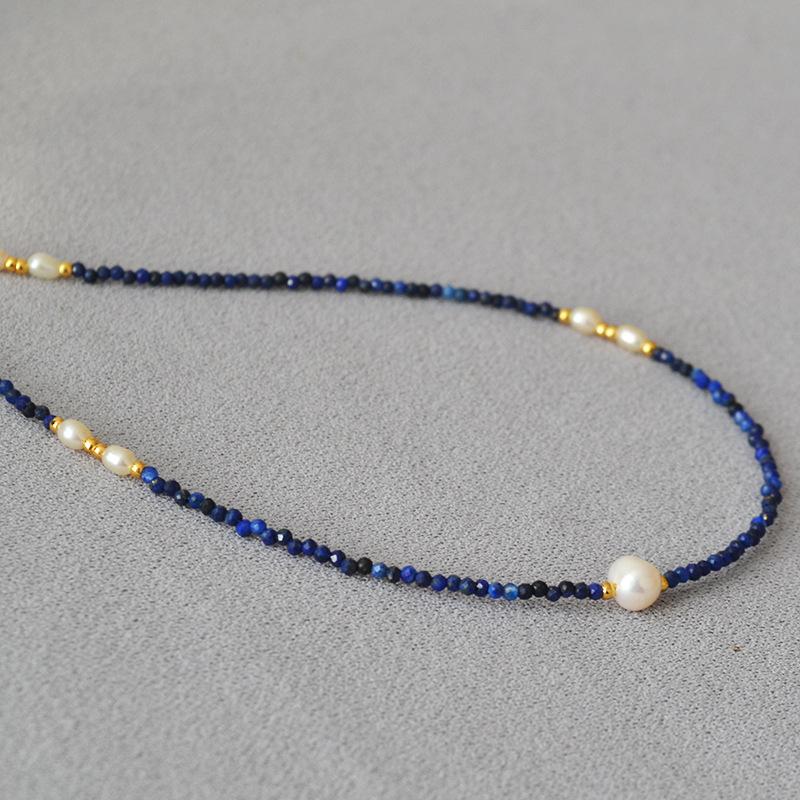 Korean niche design faceted lapis lazuli beaded freshwater rice grains small pearls extremely fine simple temperament short necklace