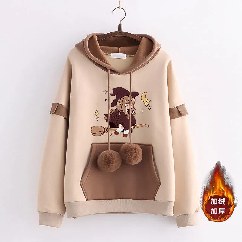 

осень зима флисовая толстовка с капюшоном харадзюку мультяшный принт худи женские преппи стиль с длинным рукавом оверсайз худи молодежная девушка S