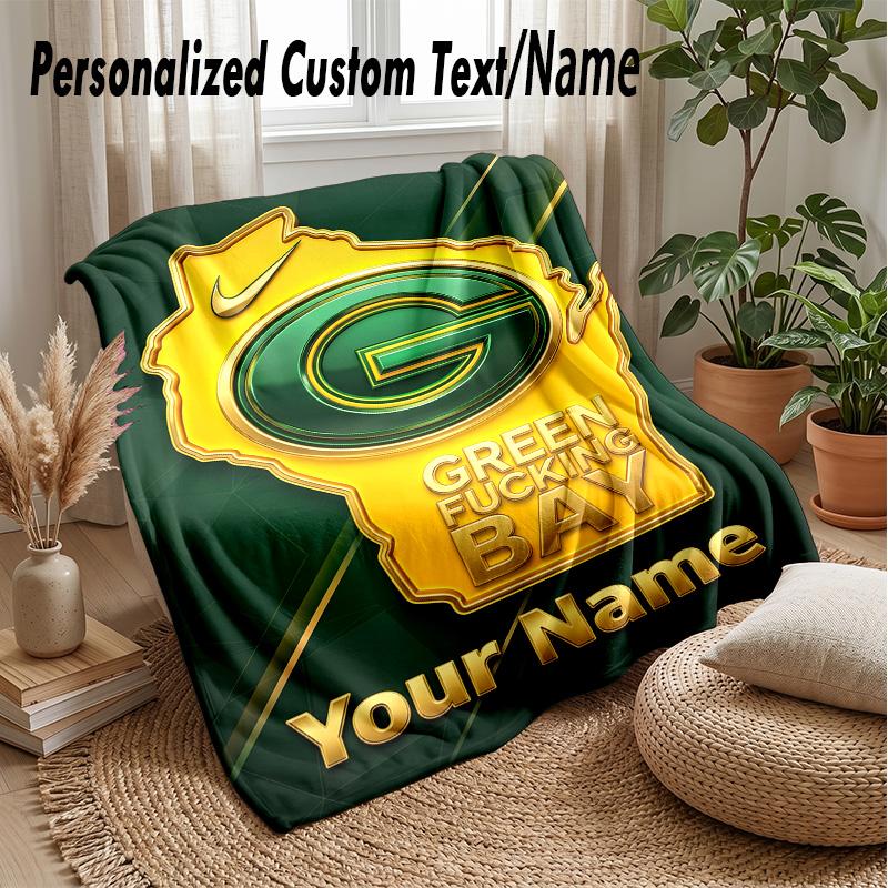 Green Bay Packers Custom Flannel Throw Blanket Print Your Name Text Soft Warm Blanket Holiday Present