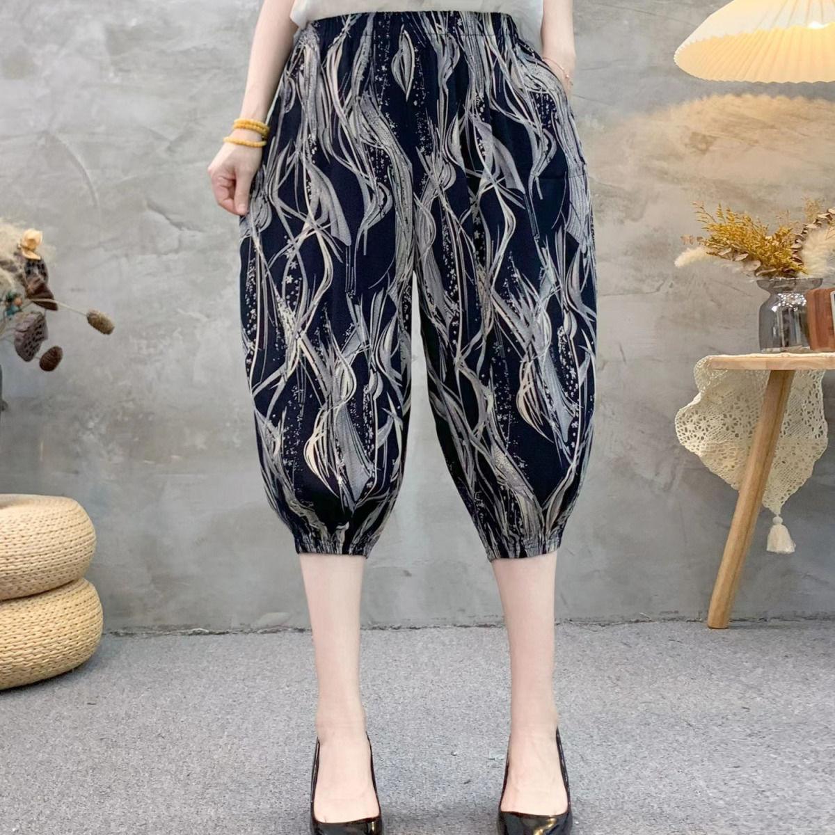 

Summer Women s Lantern Pants Thin Printed Seven-Point Pants Pocket High-Waist Plus Size Loose Harem Casual Trousers 4XL