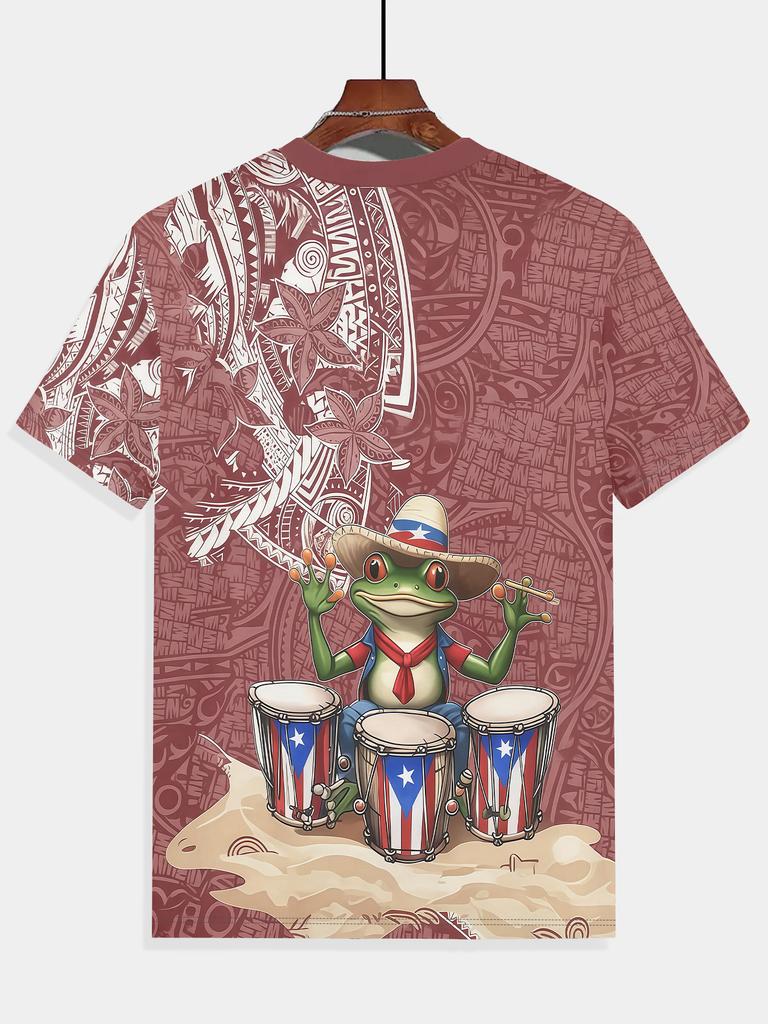 Puerto Rico Frog Drummer 3D Print Men's Casual Round Neck T-Shirt – Summer Outdoor Wear, Breathable & Comfortable for Running, Gym, or Gift Ideas,