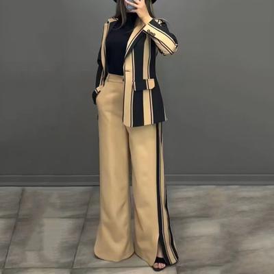 2 ks/sada Lady Formal Coat Kalhoty Set s dlouhými rukávy Colorblock Striped
