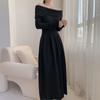 Koreanisches Strickkleid mit Carmen-Ausschnitt für Damen, Herbst, neu, Patchwork, langärmelig, Mode, einfarbig, Party-Langkleid, Winter