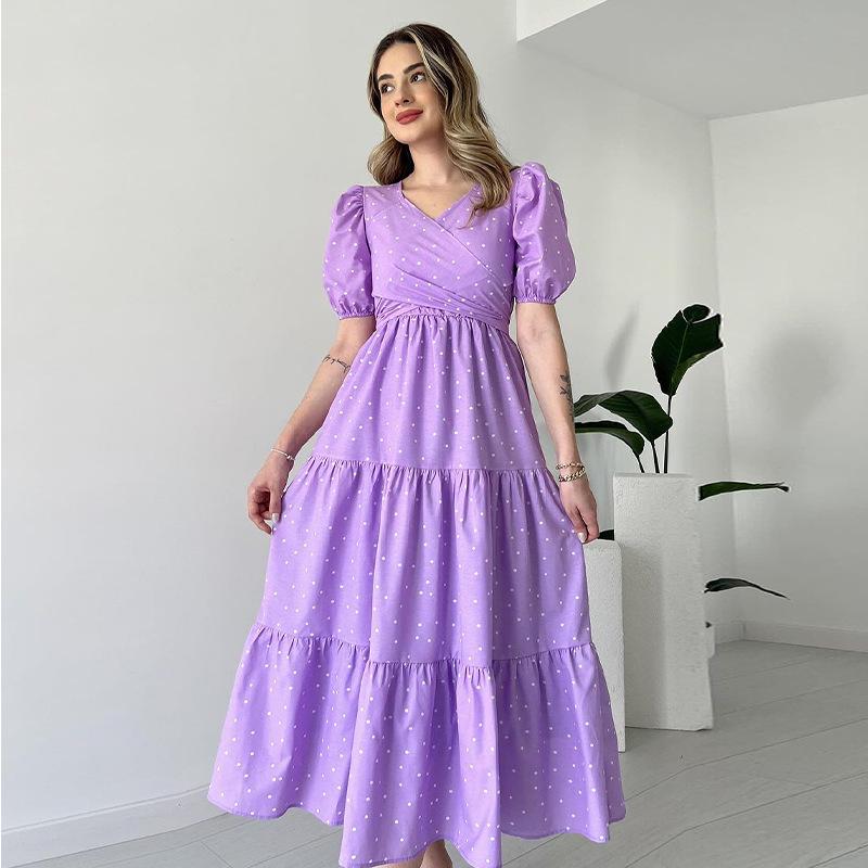 

2024 Summer V-Neck High Waist Pleated Polka Dot Dress - European and American Style XS фиолетовый
